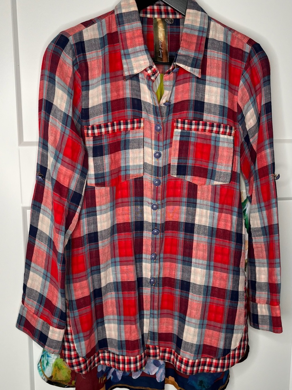 Aratta Silent Journey Plaid Floral Roll Tab Button Down Shirt Size Medium